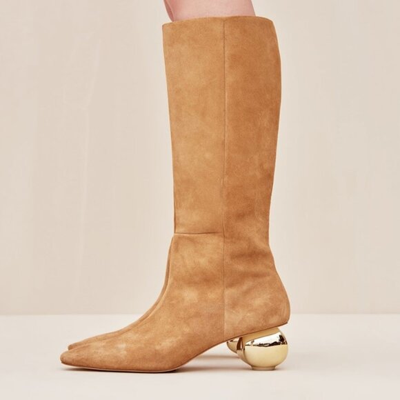 cult gaia Shoes - Cult Gaia NEW Zuri Knee High Boot in Camel Brown Gold Sculptural Heel Size 9